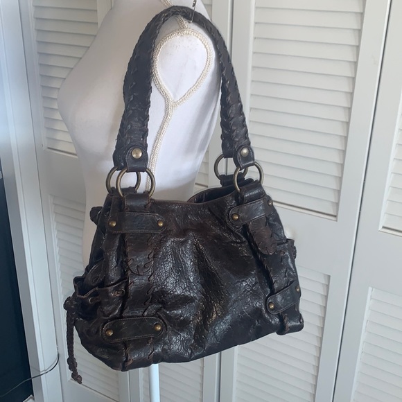 Kooba Sienna Whipstitch Espresso Leather Shoulder Bag Dark Brown Purse